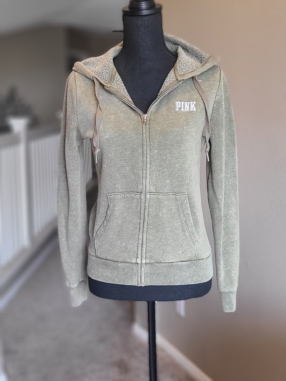 PINK Victoria's Secret Women's Distressed Olive Green Fleece-Lined Zip Hoodie